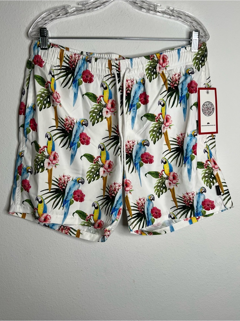 Ring of Fire Men's White Tropical Parrot Floral Swim Shorts Size L New